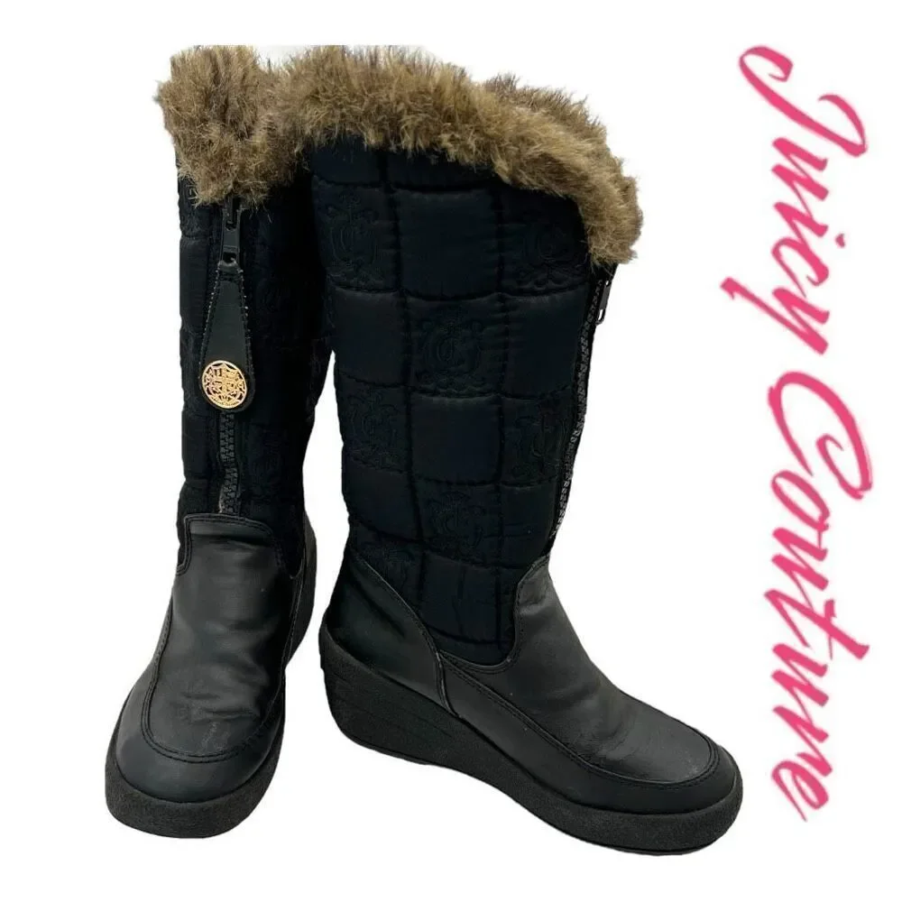 Juicy Couture Women's Size 7 Faux Fur Quilted Front Zip Wedge Winter Boots Black